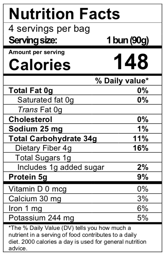 Nutrition facts for gluten free ciabatta buns