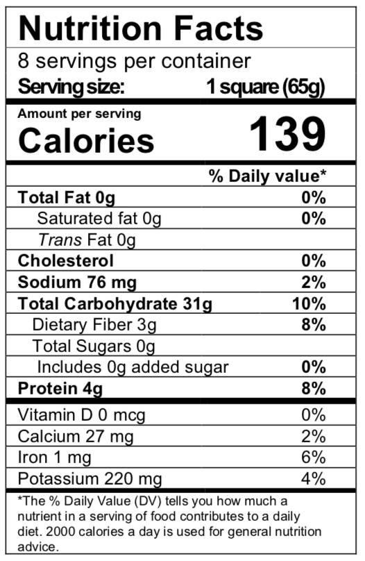 Nutrition facts for lasagne squares