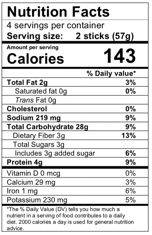 Nutrition facts panel for garlic oregano breadsticks