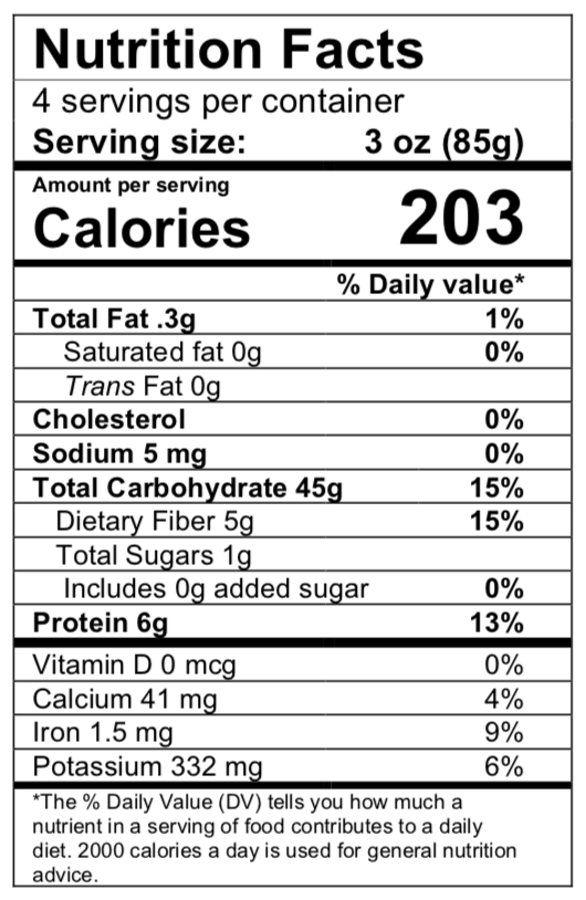 Nutrition facts panel for plain pasta