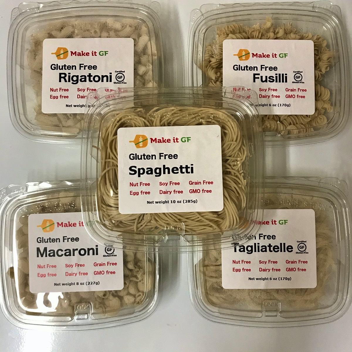 Image of five shapes of pasta: fusilli, rigatoni, tagliatelle, macaroni and sphaghetti