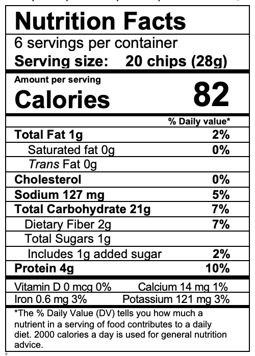 Nutrition facts panel for our pita chips
