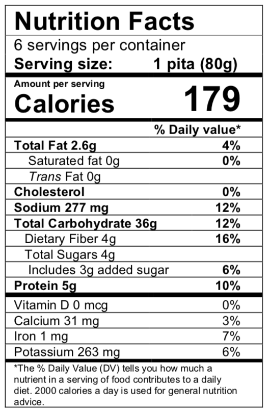 Nutrition facts panel for large pita