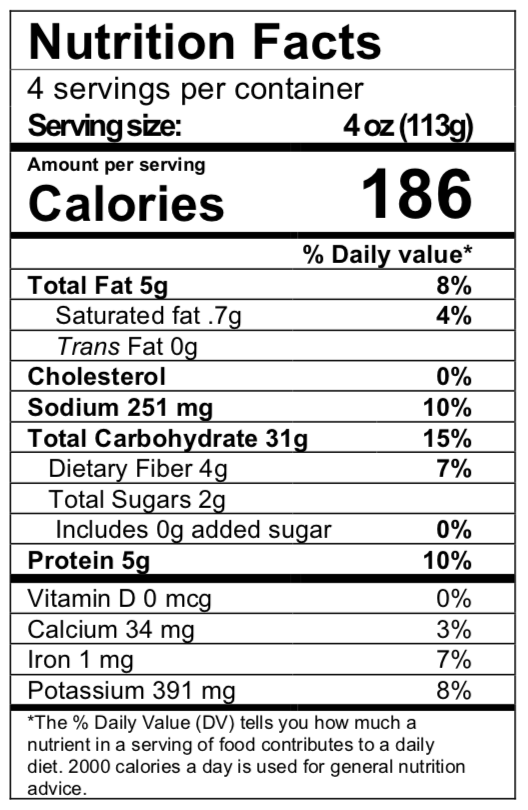 Nutrition facts for our mushroom ravioli
